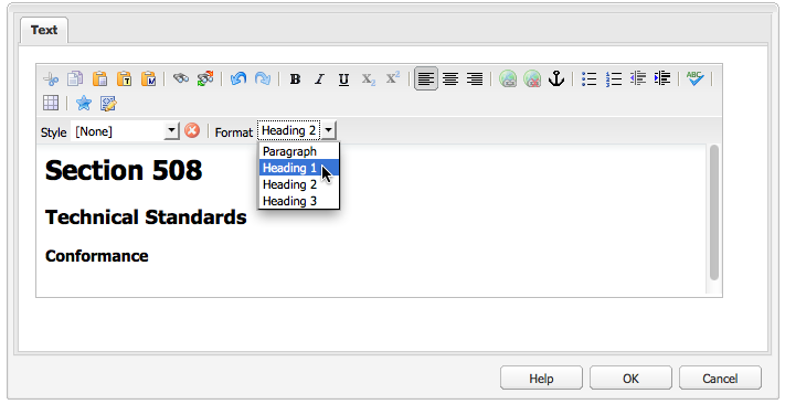Headings H1 through to H3 shown in the drop-down selector (classic UI).