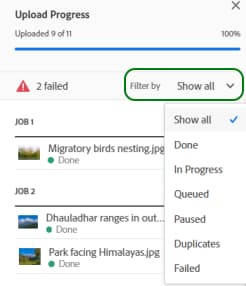 Filter the upload progress based on status of upload