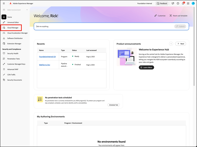 Cloud Manager in left side panel in Experience Manager
