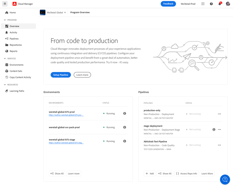 Cloud Manager overview page