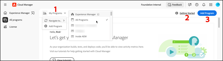 Cloud Manager program toolbar