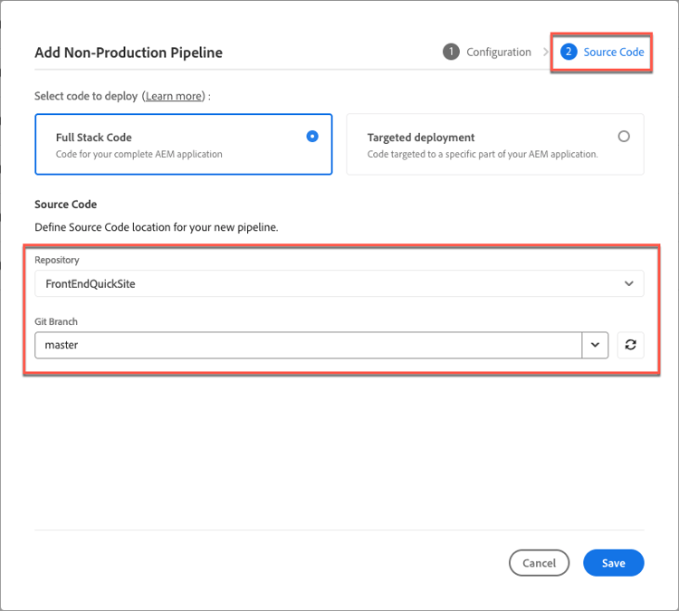 Pipeline's source code repository and Git branch