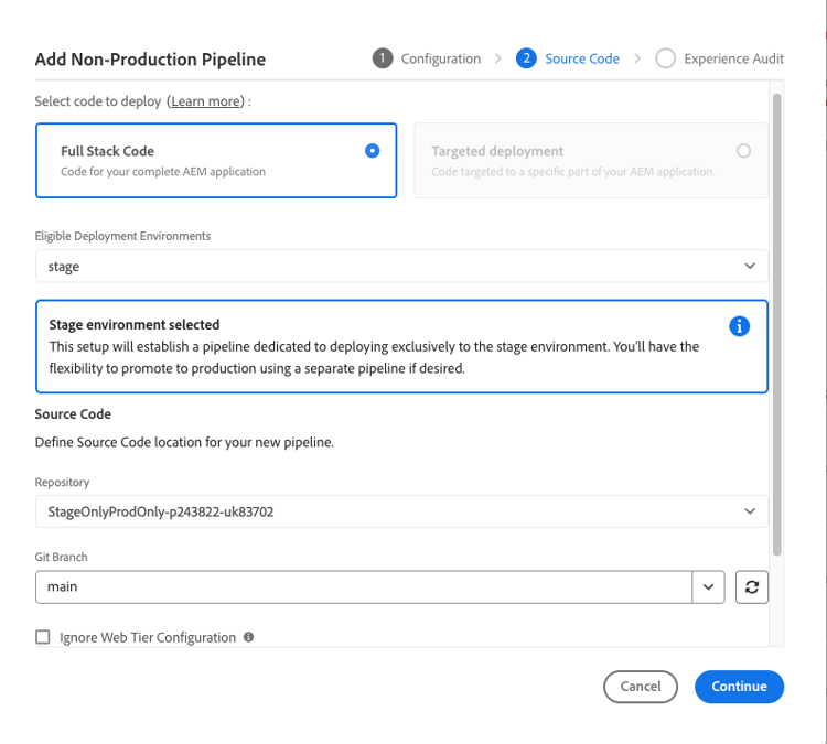 Add non-production pipeline dialog box with Full Stack Code radio button selected and Stage environment selected