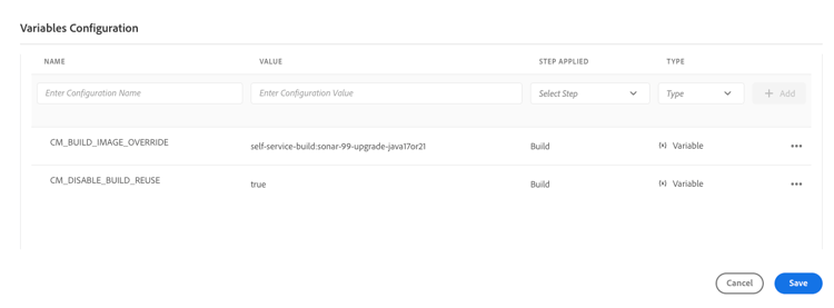 Variables Configuration page