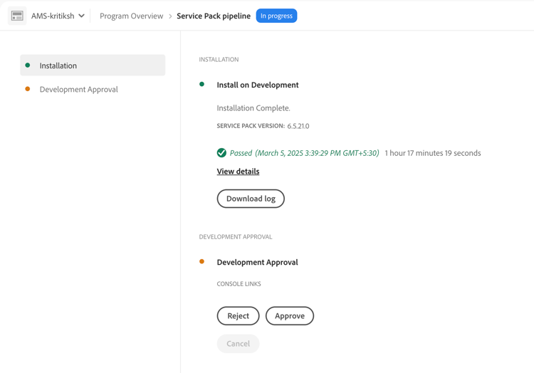 Reject or Approve the service pack update