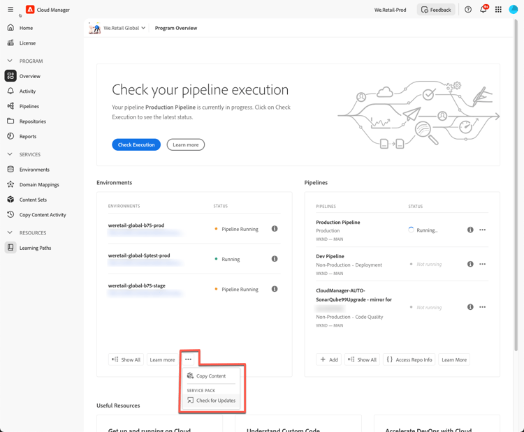 Check for service pack update on drop-down menu