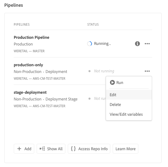 Pipelines card in Cloud Manager