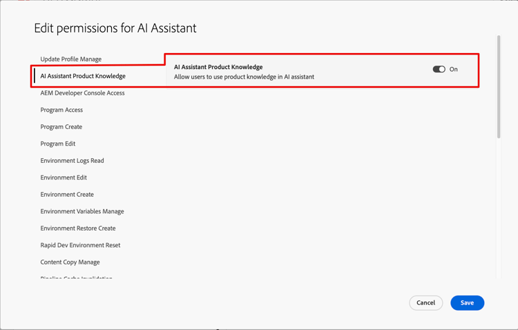 Edit Permissions page for AI Assistant Product Knowledge toggle option