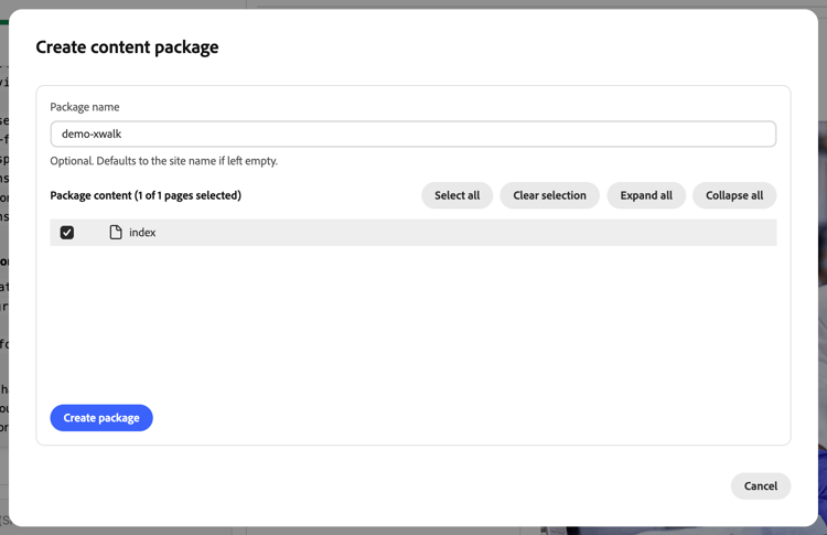 Create content package – choose pages and create