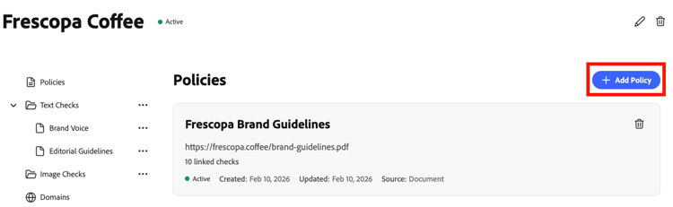 Adding a policy from the Brand card