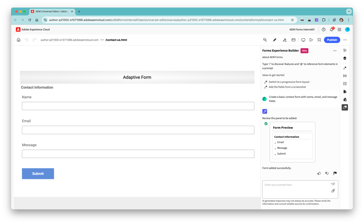 Form with three essential field - created using natural language prompt