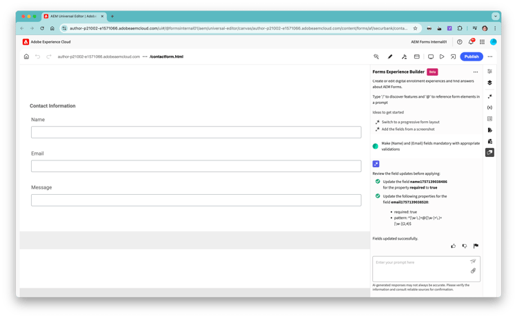 Added validation in form experience builder using natural language prompt