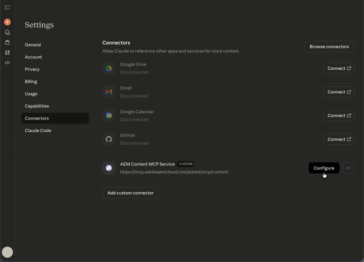 The custom connector configuration form in Claude.