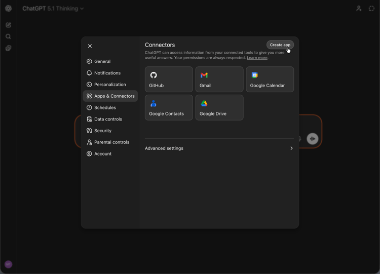 The dialog for creating a new app in ChatGPT.