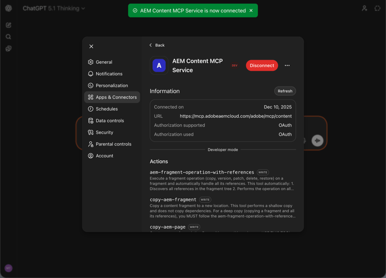 The AEM Content MCP Service listed in Apps and Connectors.