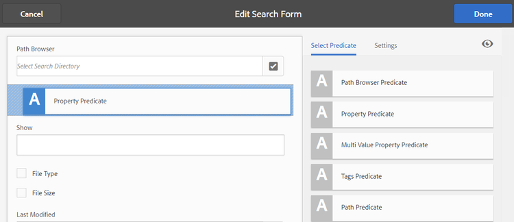 Select and move a predicate to customize the search filters