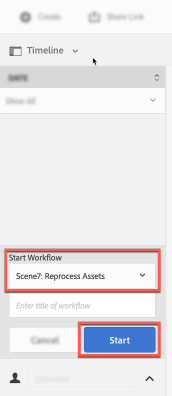 Screenshot of the Timeline user interface with "Dynamic Media Reprocess" selected from the Start Workflow drop-down list, and the Start button highlighted