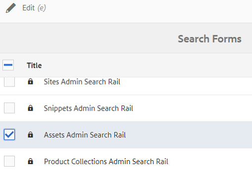 Locate and select the Assets Admin Search Rail