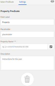 Use the Settings tab to provide the required options of a predicate