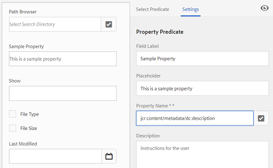 Associate a metadata property with a predicate in the Property Name field