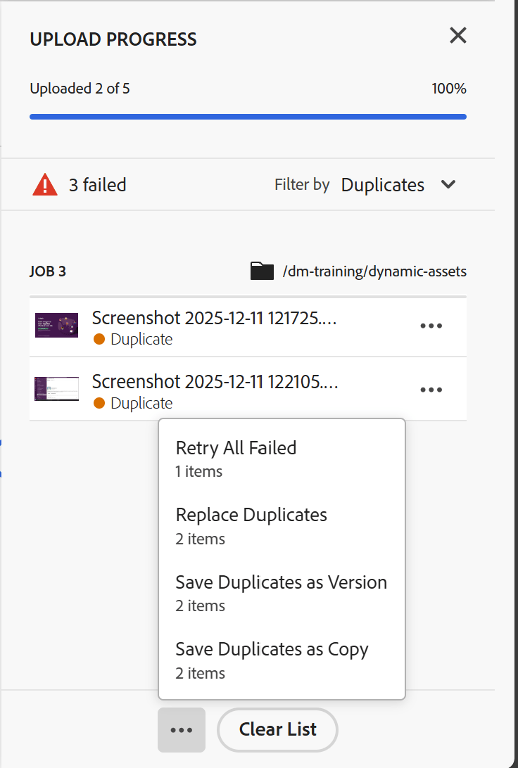 Manage all failed uploads in bulk