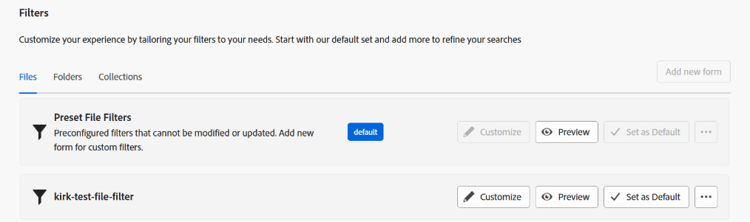 custom search filter settings