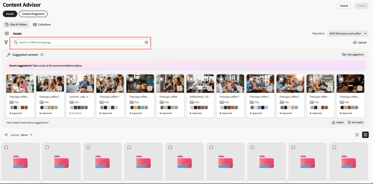 AI Search for assets in Content Advisor
