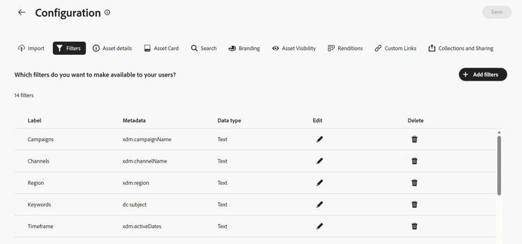 Configuration UI filters on Content Hub