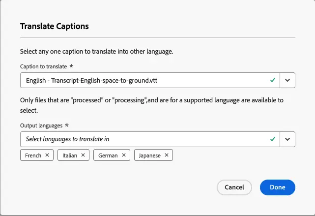 Translate Captions dialog box.