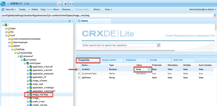 Editing mime types in CRXDE Lite