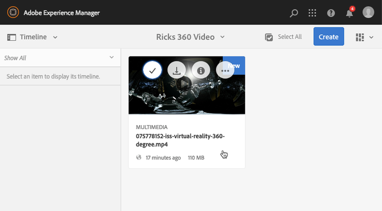 An uploaded 360-video asset seen in the Card view