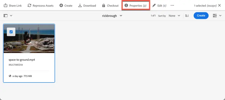 Selected video asset with checkmark over video thumbnail image and View Properties highlighted on the toolbar.
