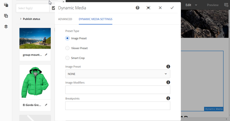 Dynamic Media image preset settings