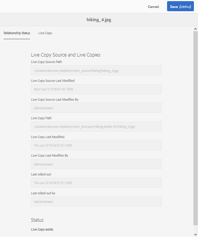 Detailed information and status of a live copy child asset in a folder