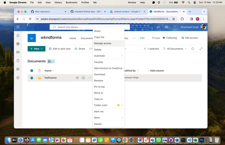 Use Manage Access option to share folder with AEM User - SharePoint