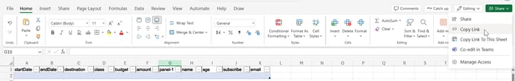 Copy link of incoming sheet