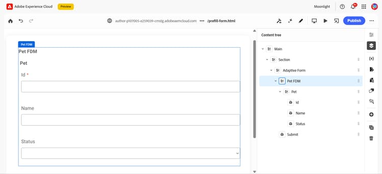 Screenshot of Universal Editor showing schema-based form