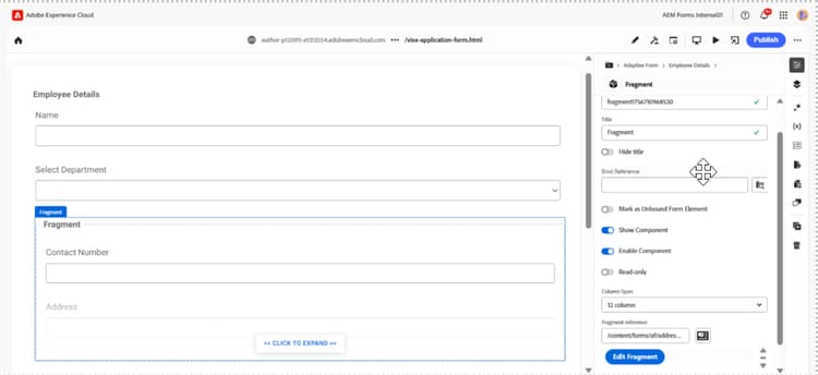 Screenshot showing the contact details fragment successfully integrated into an employee form within the Universal Editor, demonstrating how fragments maintain their structure when reused