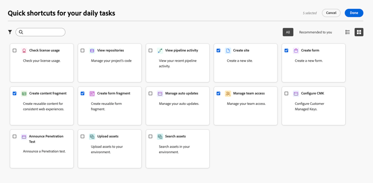 Experience Hub Quick Shortcuts