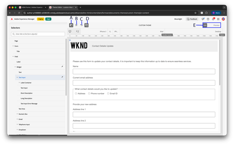 Theme Editor canvas toolbar with Toggle Side Panel, Undo, Redo, Emulator, Edit/Preview, and Theme Options