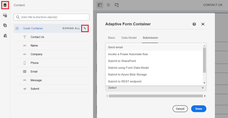 Click the Wrench icon to open Adaptive Form Container dialog box to configure a submit action