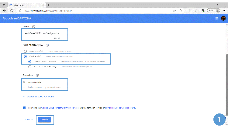 Create Google reCAPTCHA configuration of Google's website to obtain reCAPTCHA Keys