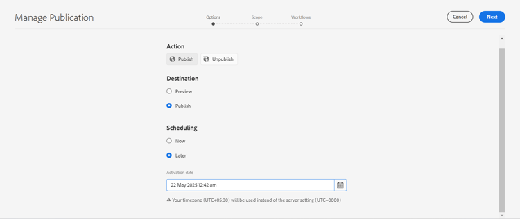 Manage Publication later
