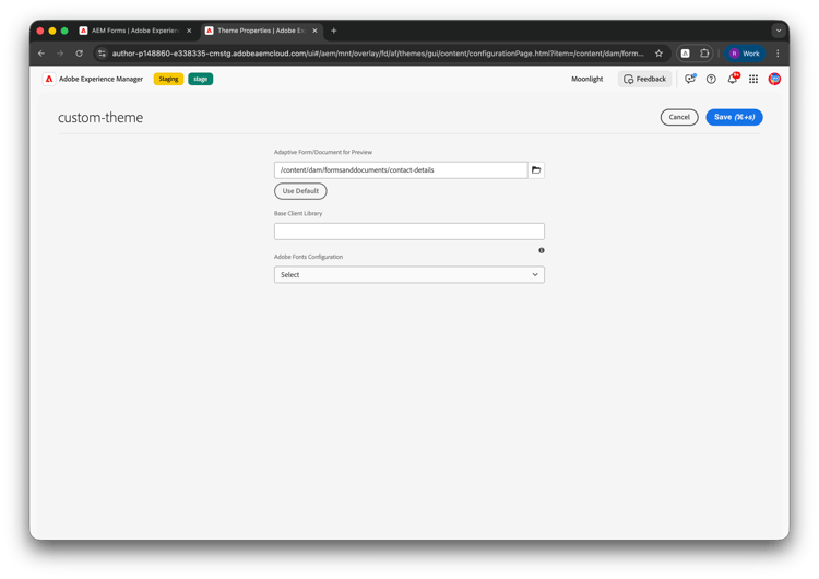 Configure Adaptive Form for theme Preview