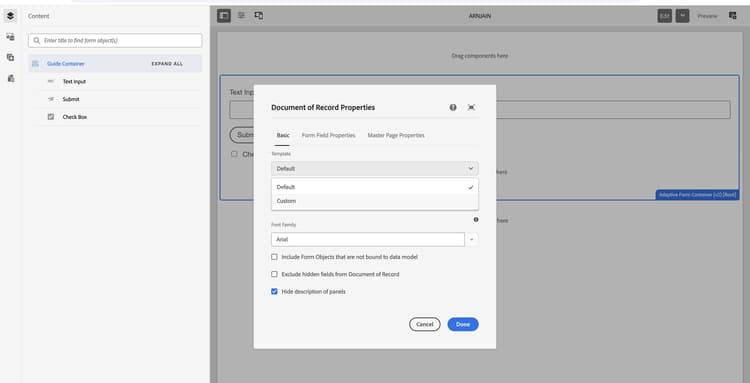 Document of Record properties - Template set to Custom (Core Components)