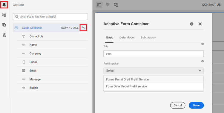 Click the Wrench icon to open Adaptive Form Container dialog box to configure a redirect page or thank you message