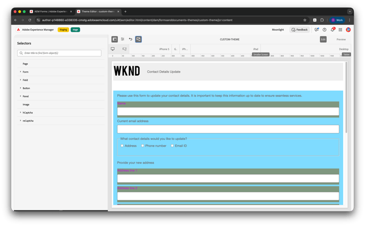 Device emulator in Theme Editor - ruler and device options (Desktop, Tablet, iPad, Smaller Screen)
