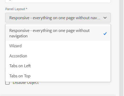 List of panel layouts for root panel of an Adaptive Form