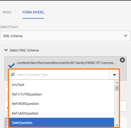 Select a complex type from the specified XML schema model