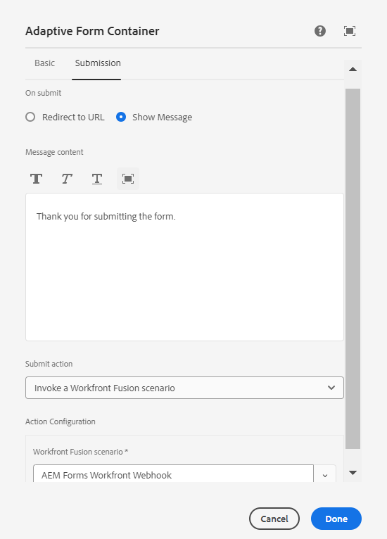 Submit action for Workfront Fusion
